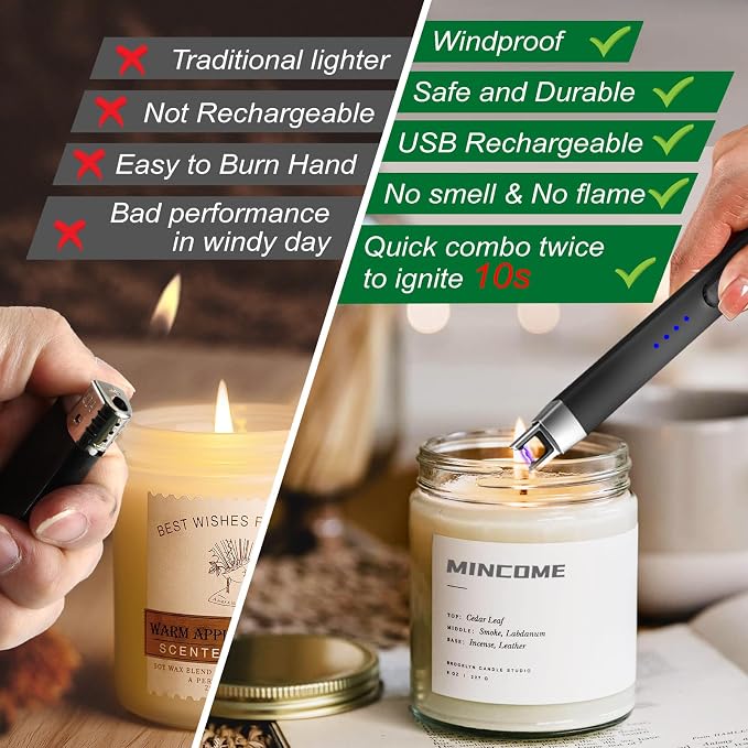 Candle Lighter Electric Rechargeable USB Plasma Arc Lighter with Safety Lock,Windproof Flameless Long Matches Lighters for Candle,Grill,BBQ,Camping