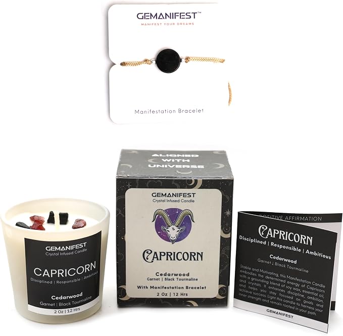 Capricorn Zodiac Candle Astrology Gifts for Women and Men with Capricorn Bracelet Cedarwood Candle with Healing Crystals Birthday Birthstone Manifestation Gifts
