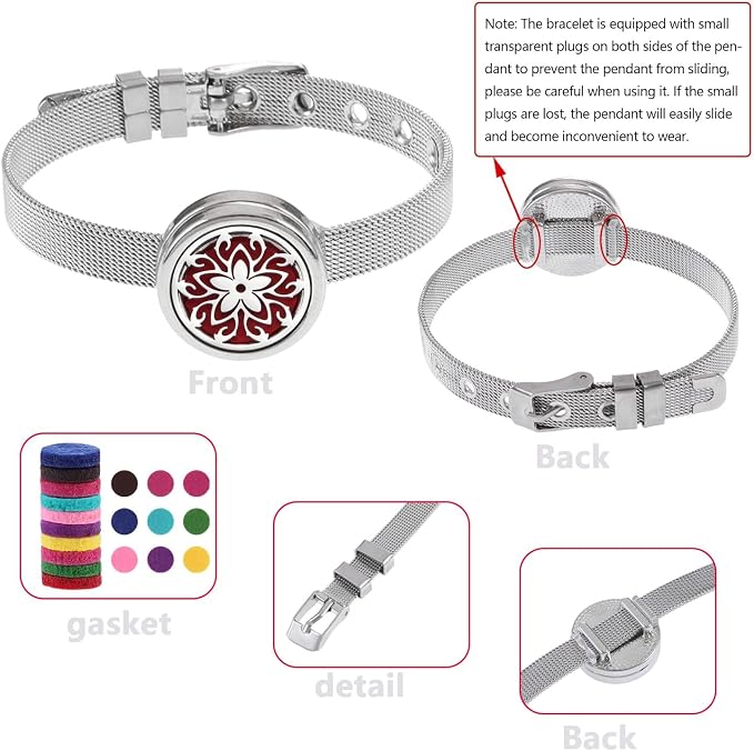 Essential Oil Diffuser Bracelet with Gift Box Aromatherapy Locket Adjustable Stainless Steel Flowers Watch Chain Bracelet with 10 Pcs Refill Pads for Women