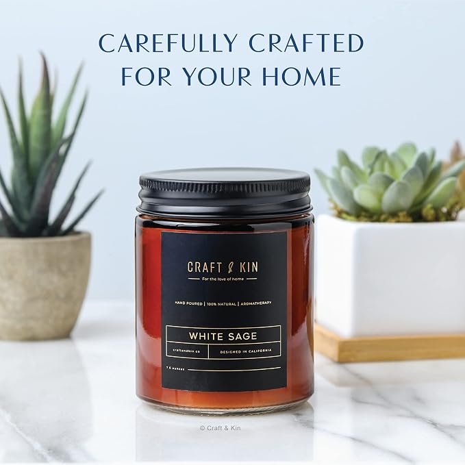 Craft & Kin Premium White Sage Scented Candle – Long Lasting, 45 Hour Burn Time – Luxury Natural Soy Scented Candle – Room Decor and Aromatherapy – 8 oz