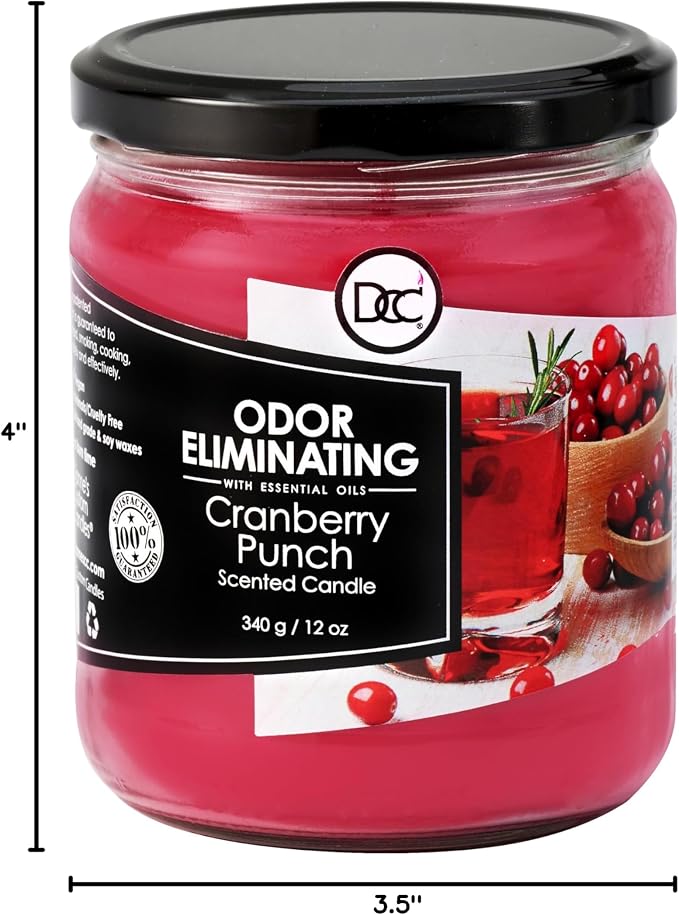 Cranberry Punch Odor Eliminating Highly Fragranced Candle - Eliminates 95% of Pet, Smoke, Food, and Other Smells Quickly - Up to 80 Hour Burn time - 12 Ounce Premium Soy Blend