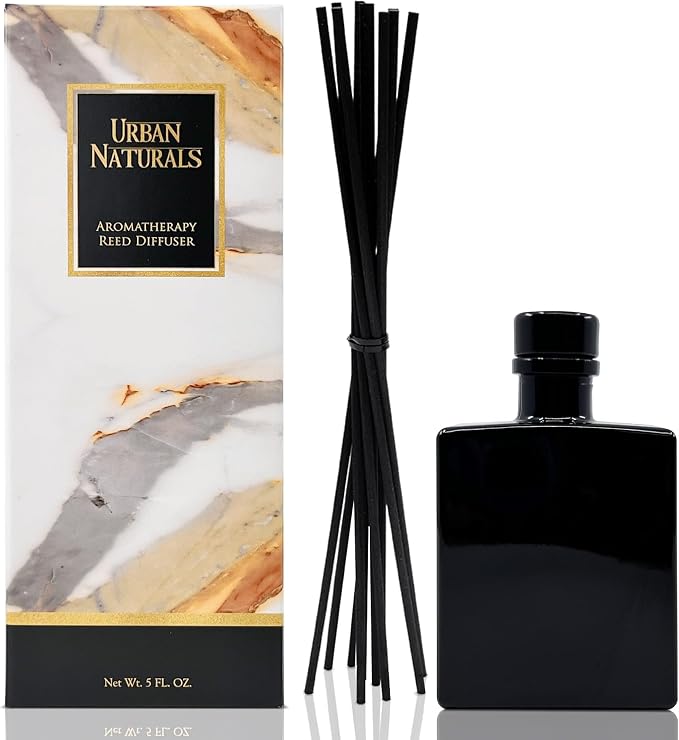 Urban Naturals Smoked Vanilla Reed Diffuser Set with Vanilla Bean, Sandalwood & Leather – 5 Ounce Sleek Black Rectangular Refillable Glass Bottle – Made in the USA