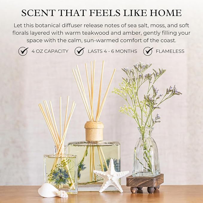 Rosy Rings Sea Salt Mist Accent Diffuser, Single Piece, 4 oz Last 4-6 Months Small Glass Reed with Floral Embedded Flowers Coastal Aroma, Bathroom Bedroom Livingroom Spa Decor Luxury Gift