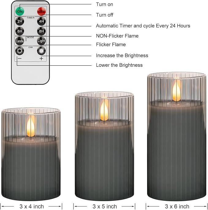 ANGELLOONG Gray Flameless Candles with Remote, Battery Operated LED Pillar Candle Set with Timer, Ribbed Glass Real Wax Flickering Candles for Home Decor, Set of 3