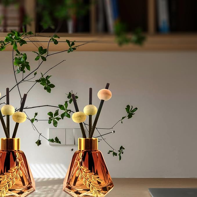 Meinvcisi 4 Empty Fragrance Glass Diffuser Bottles, Refillable Diffuser Bottles with 20pcs Reeds Sticks &12 Wood Balls&4 Metal Leaves, Reed Diffuser Set, Diamond Style,60ML, Gradient Brown.