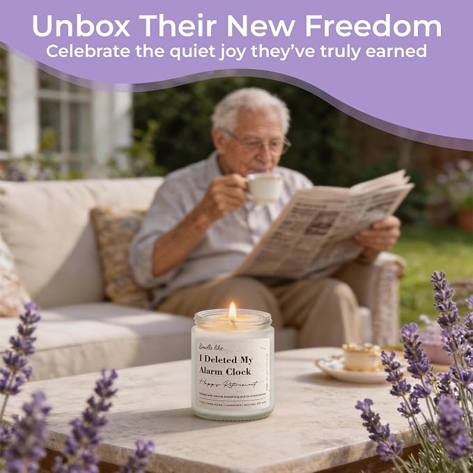 Retirement Gift for Woman, Men - Smells Like I Deleted My Alarm Clock - 7oz Lavender Scented Soy Wax Candle, Funny Retired Gifts for Women, Coworker, Boss, Teacher, Friend, Farewell Present