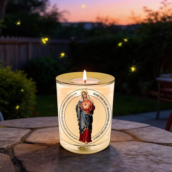 Immaculate Heart of Mary Devotional Candle 50 Hours with Warmer Ring│Hand-Poured Soy Wax│Sinless, Pure, and All‑Loving Heart, Faith, Hope, and Charity, Mother of The Church│Design in Paris│3“×3.6”