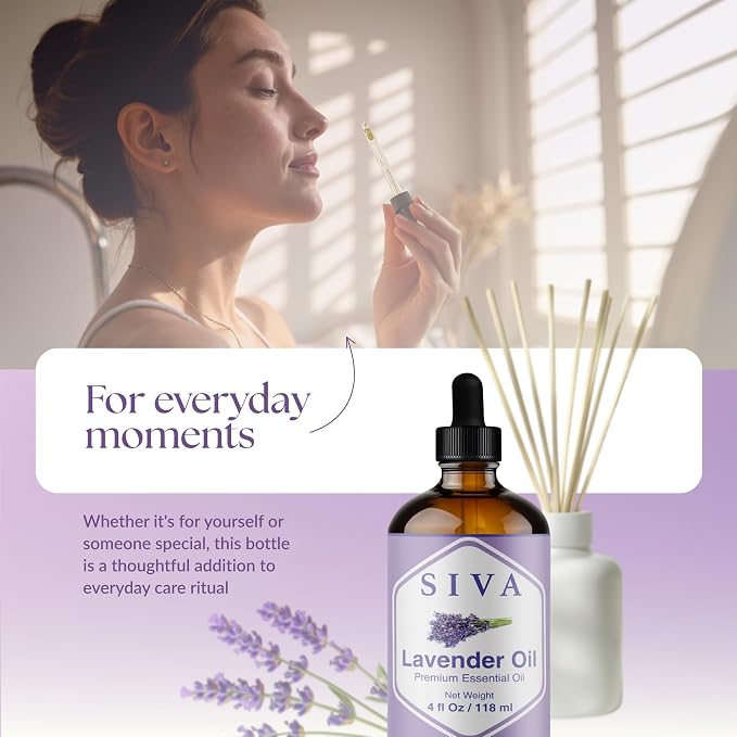 SIVA Lavender Essential Oil 4 Fl Oz – For Diffuser, Skin & Hair Care – Ideal for Massage & DIY Blends – with Dropper