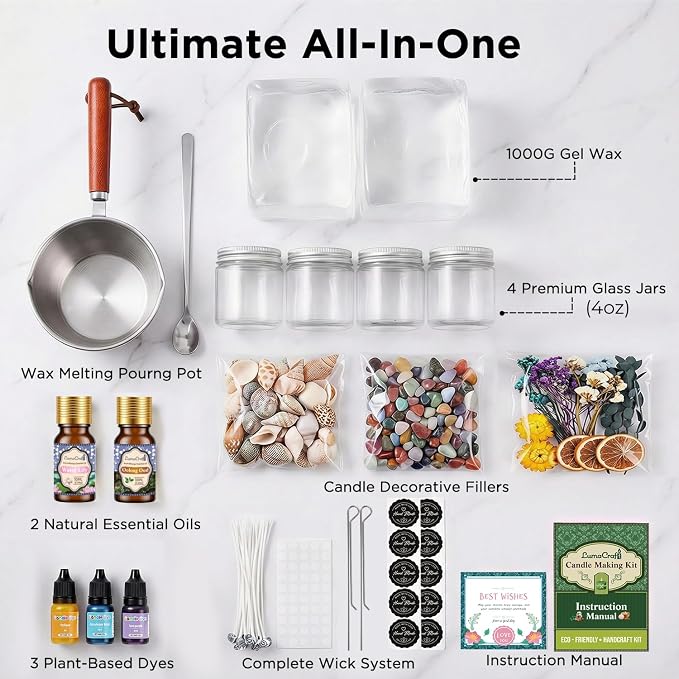 LumaCraft Clear Gel Wax Candle Making Kit – 2.2LB Transparent Jelly Wax with Boutique Fragrance Oils, Dyes, Glass Jars, Wicks & Decor Supplies, Luxury Complete DIY Starter Kit for Beginners & Adults