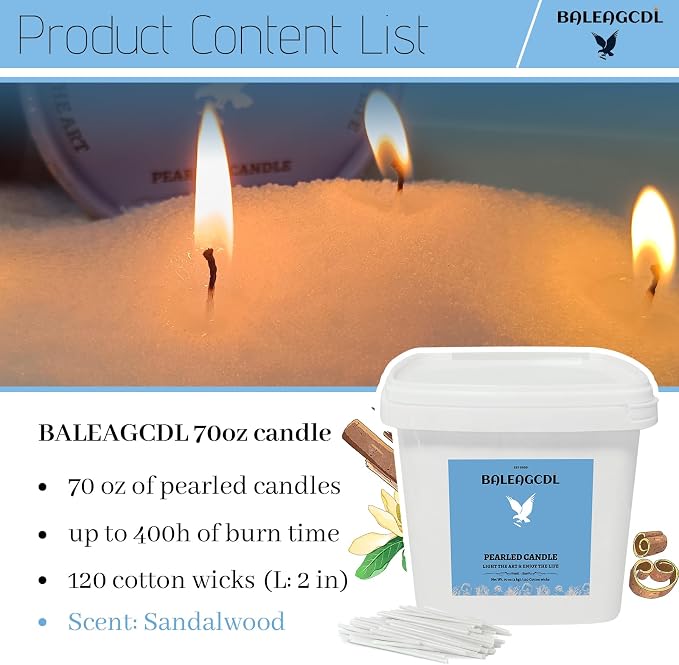 Zen Timber Pearled Candle 70 oz/4.3lb with 120 Wicks - Sandalwood Scented Sand Candles White Refillable Wax Lasts Up to 400 Hours Smooth and Clean Burning for Candle Making DIY Gifts