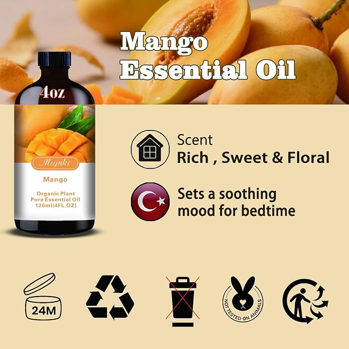 Mango Essential Oil, Mango Oil for Diffuser, Humidifier, DIY Candle, Soap, Sweet Tropical Scent, Home, Gift Ready,Mango Fragrance Oil - MLYNKL Essential Oils (4.33 fl oz / 130ml)