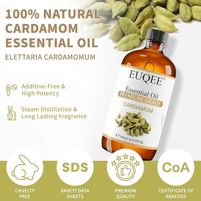 EUQEE Cardamon Essential Oil 118 ml Large Bottle Premium Cardamon Oil with Glass Dropper, Great for Diffusers, Candle & Soap Making-4oz