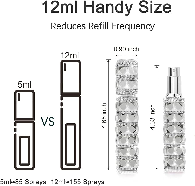 Travel Perfume Atomizer Refillable Bottle, 12ml Rhinestone Mini Perfume Bottles Empty Refillable Travel Atomizer Sprayer with Funnel (1Pc-Silver)