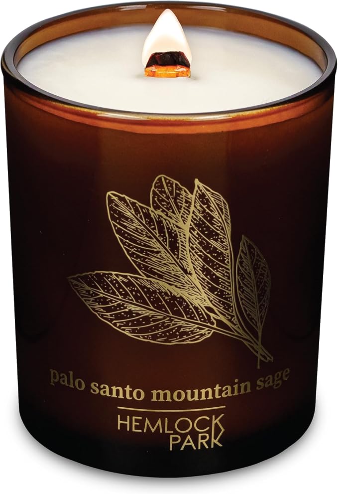 Hemlock Park Palo Santo Mountain Sage Amber & Gold Scented Candle | Crackling Wood Wick, Botanical Fragrance & Coconut Apricot Wax | Up to 50 Hour Burn Time | 7.2 oz | Made in USA