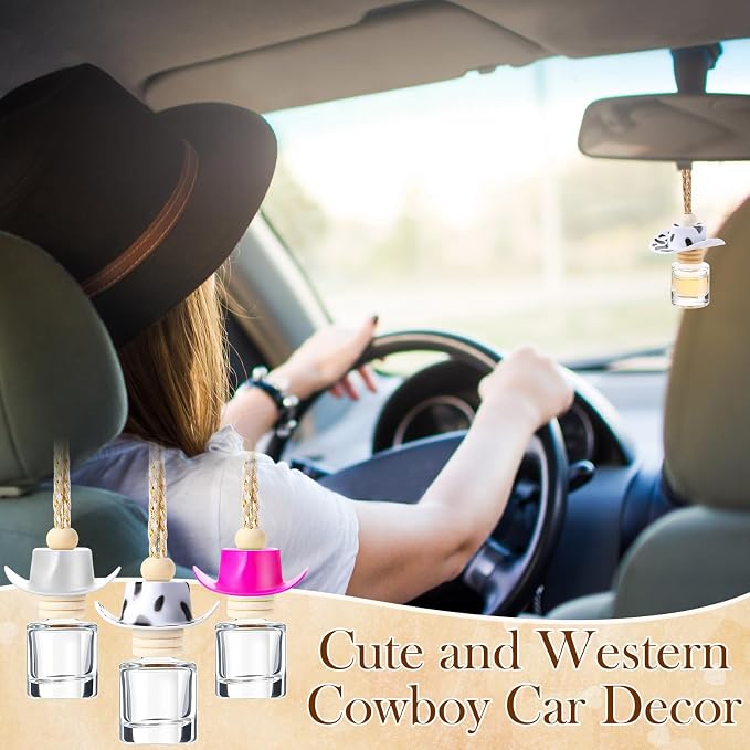 3 Pieces Cowboy Hat Air Freshener Hanging Cow Diffuser Bottles Western Country Refillable Empty Glass Perfume Bottle Car Interior Rear View Mirror Accessories(White, Spots, Pink,Cow)