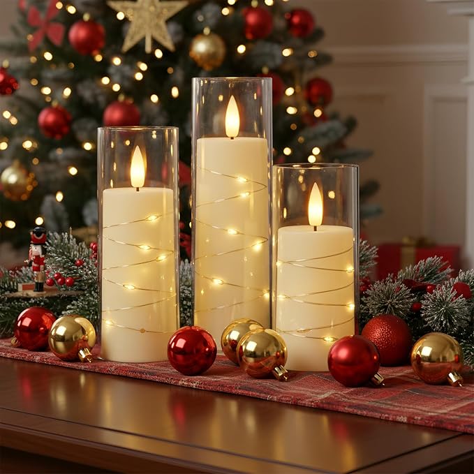 Raycare Flameless Candle with Remote Timer, 3 Flickering Acrylic Battery Operated LED Pillar Candles with Embedded Star String for Christmas, Wedding, Home Table Decor, and as a Gift (Ivory White)