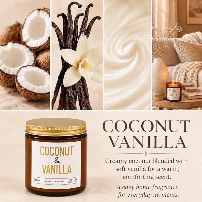 Coconut Vanilla Candles, 6 Pack Scented Candles 3.5 oz Each, 21 oz Total Soy Candles in Amber Glass Jars, Aromatherapy Candle Set for Home, Bathroom, Gifts for Women and Mom