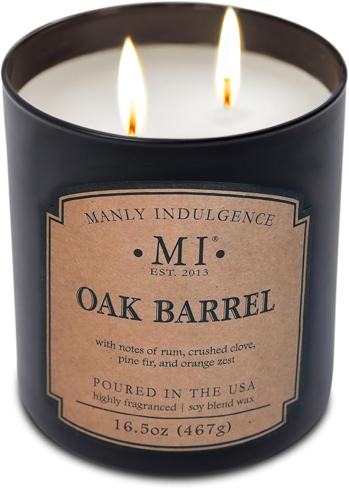 Manly Indulgence Oak Barrel Candles for Men, 2 Wick, 16.5 oz, Premium Soy Blend Wax, 60H Burn, Candles for Home Scented - Made in The USA