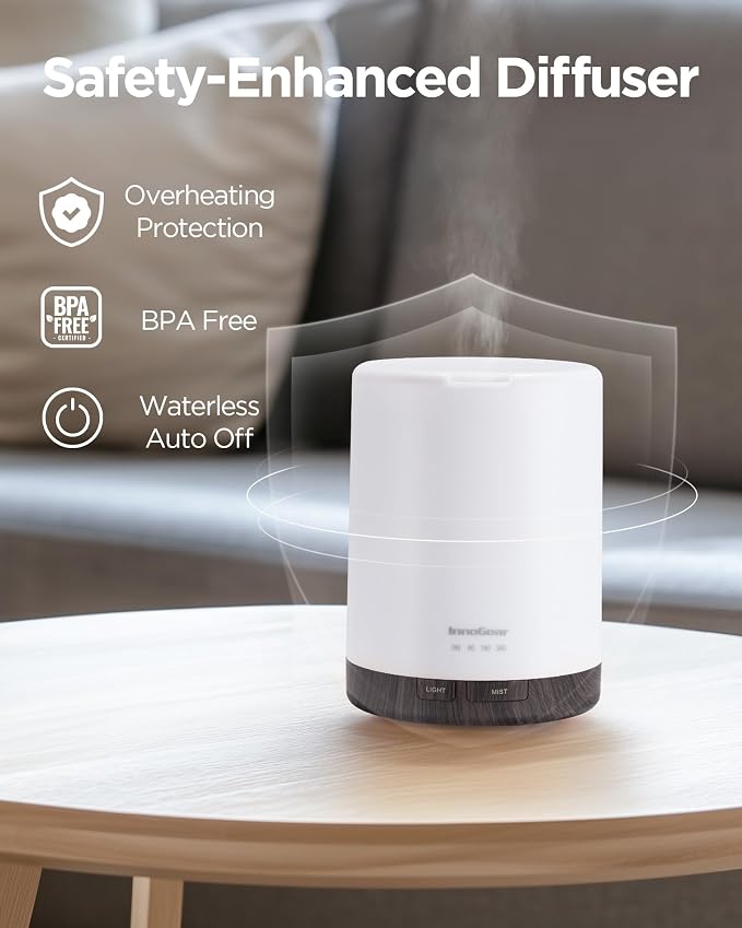 InnoGear 300ML Essential Oil Diffuser, Premium 5-in-1 Ultrasonic Aromatherapy Diffusers Scent Humidifier Aroma Diffuser Vaporizer Auto-Off Timer for Room Office Home, Brown, Medium