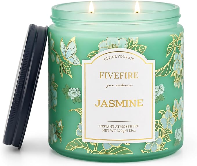 Jasmine Scented Candles for Self Care, 13oz Natural Soy Wax 2-Wick Jar, Up to 76-Hour Clean Burn, Fresh Green Jasmine Home Fragrance, Gift for Women Men