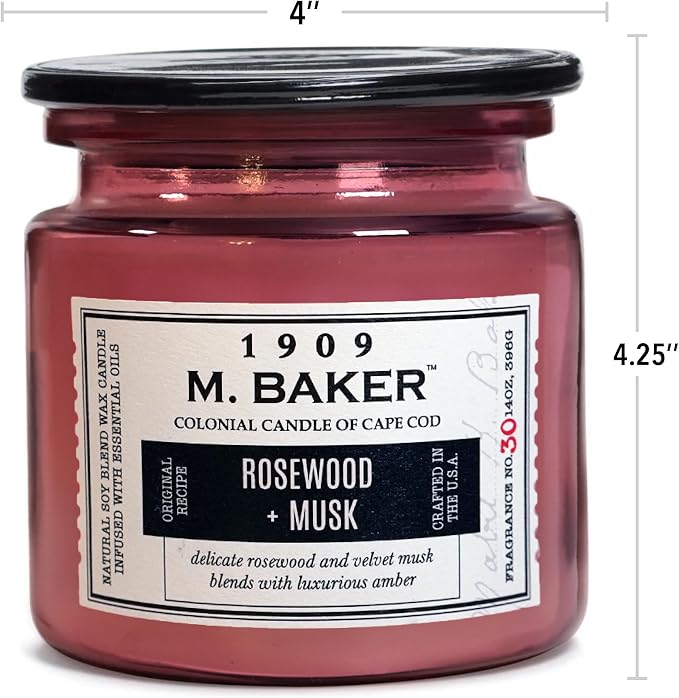 Colonial Candle Rosewood & Musk Scented Candle, 2-Wick Natural Soy Blend Wax Candle Infused with Essential Oils, 14 oz Apothecary Glass Jar Candle - Made in The USA