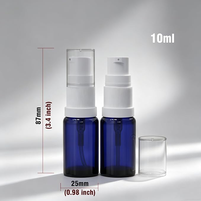 10ml Empty Glass Pump Bottle Dispenser 6 Pack,Blue Travel Refillable Bottles Dispenser for Lotion Cream Essential Oil Shampoo, Small Cosmetic Containers 1/3oz (10ml Blue 6pcs)