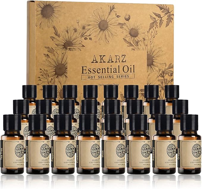 AKARZ 24 Packs Essential Oils Set, 24x10ml Aromatherapy Oils for Diffuser, Candle & Soap Making - Premium Variety Kit with Lavender, Peppermint & More - Gift Set