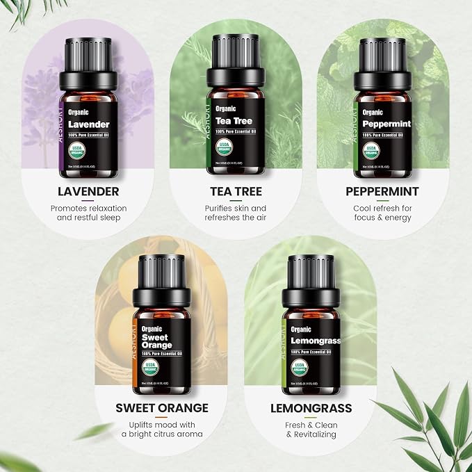 Organic Essential Oils Gift Set, Top 10x10ML-100% Pure Natural Aromatherapy for Diffusers, Humidifiers, Candle Making, Peppermint, Tea Tree, Lavender, Frankincense, Lemongrass, Eucalyptus & More