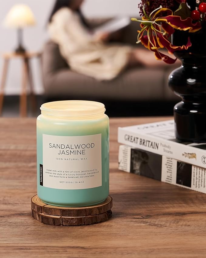 M&SENSE Sandalwood Jasmine Scented Candles for Home, 19.4oz All Natural Soy Wax, 110 Hours Long Lasting, Soy Candles Non Toxic, Spring Floral Smelling for Her, Aromatherapy Housewarming Gift for Spa