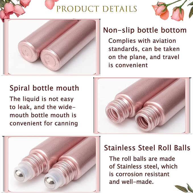 45Pcs 10ml Glass Roller Bottles for Essential Oils, Empty Roll on Vials Massage Containers with Stainless Steel Roller Ball for Perfumes Aromatherapy Lip Balms, Matte Rose Gold