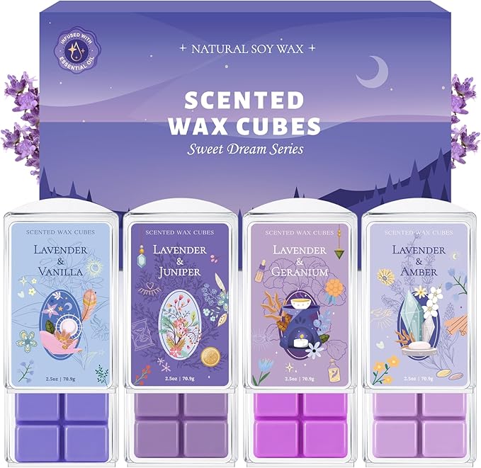 SCENTORINI Wax Melts, Soy Wax Cubes Strong Scent, Lavender Essential Oil Scented for Sleep, Summer Scents Wax Melts for Warmer Gift Set, 10 oz 4-Pack - Lavender & Amber, Juniper, Geranium, Vanilla