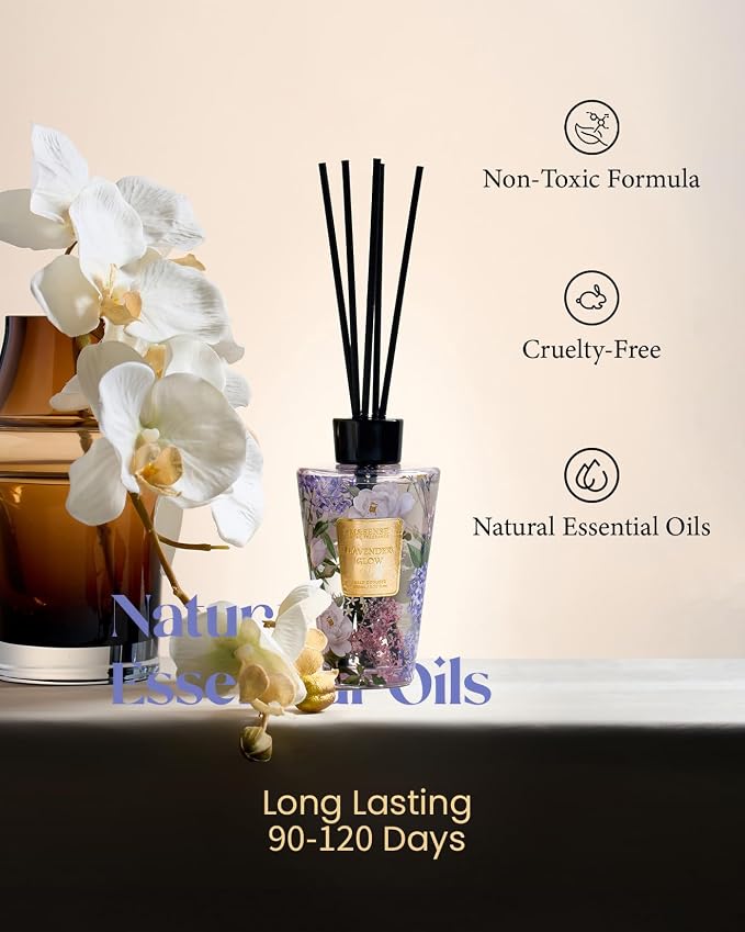 M&SENSE Lavender Glow Reed Diffuser Set - 8.79fl oz Home Fragrance Non-Toxic Essential Oil Diffuser with Sticks, Air Freshner Gifts for Bathroom Shelf Decor
