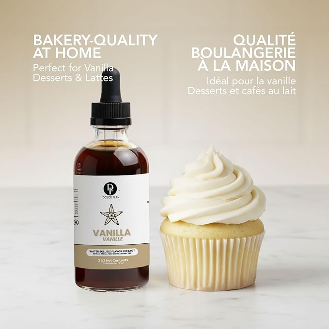 Dolce Flav Vanilla Extract – 2 Ounce Water-Soluble Kosher, Sugar-Free, Concentrated Vanilla Flavoring for Baking, Cookies & Desserts, Includes Measured Dropper