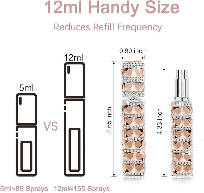 Travel Perfume Atomizer Refillable Bottle, 12ml Rhinestone Mini Perfume Bottles Empty Refillable Travel Atomizer Sprayer with Funnel (1Pc-Champagne)