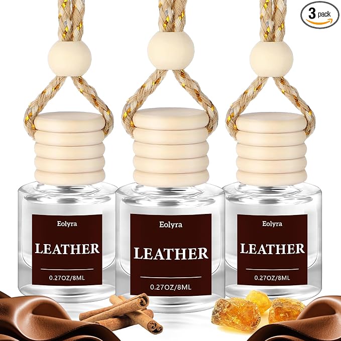 Hanging Car Air Freshener (Pack of 3) : Luxury Car Perfume for Women Men | Cute & Wooden Lid Reusable Bottle with 45+ Days Long-Lasting Scent for Auto Interio, Leather