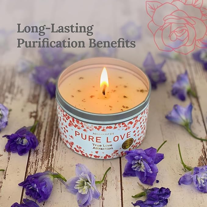 Magnificent 101 Long Lasting Pure Love Aromatherapy Tin Candle | 6 Oz - 35 Hour Burn | All Natural Soy Wax with Sage, Rose, Lavender for Energy Cleansing, Purification, Manifestation