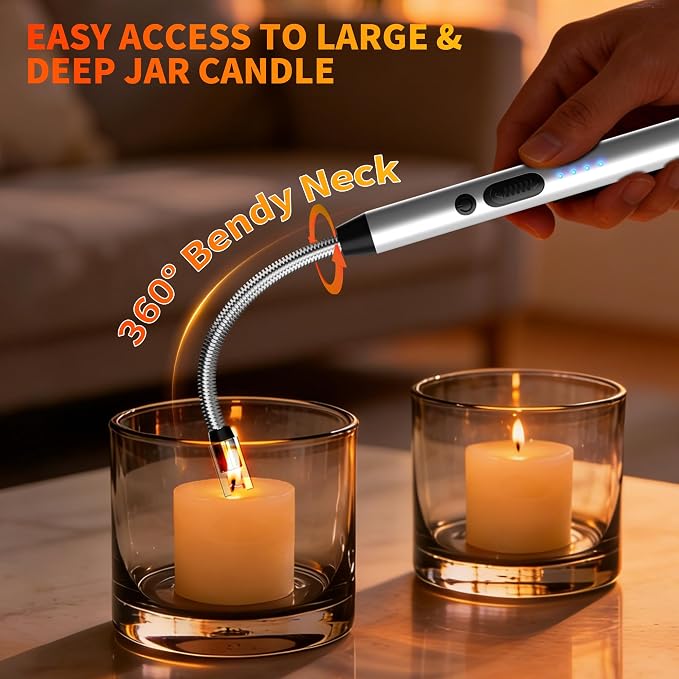 2 Pack Rechargeable Type C Electric Lighters, Flameless and Windproof Candle Lighters with Plasma Arc, 360° Long Reach Flexible Neck & LED Power Display for Candles, BBQ Grill &Camping(Silver) | Flameless, Windproof, Plasma Arc, 360° Long Reach Flexibl...