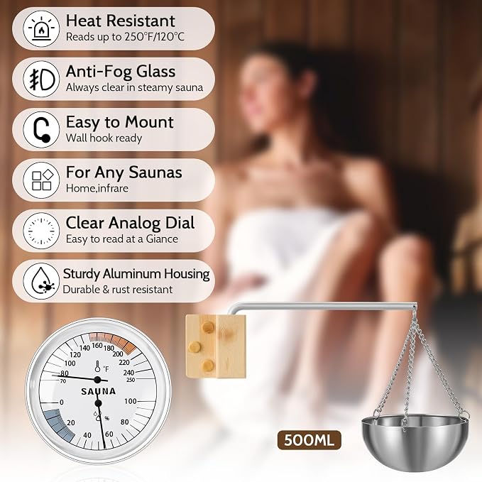 Relaxweex 2 Sets Sauna Thermometer and Aromatherapy Bowl Oil Cup Holder, 2 in 1 Fahrenheit Thermometer and Hygrometer 15 Minute Timer Sauna Accessories for Indoor Infrared Steam Saunas Room, Bath Spa