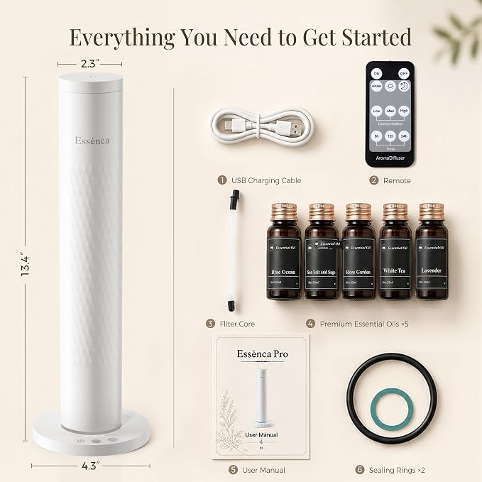Waterless Scent Diffuser with 5 Essential Oils Starter Kit, Cold Air Diffuser Up to 1000 Sq.ft for Large Room, Home Office, Hotels,Spas, Cordless Scent Machine with App Control, Mood Light