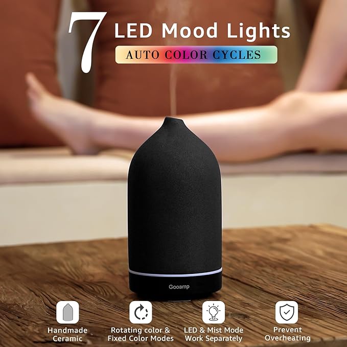 Gooamp 200ML Ceramic Essential Oil Diffuser - Ultrasonic Aromatherapy & Humidifier with 7-Color LED Lights, Auto Shut-Off, Black, 1H/3H/6H Timer | Scent for Home, Office, Yoga