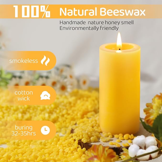8 Pack Natural Beeswax Pillar Candles,100% Pure Beeswax Candles-280 Hours Long Burning,Unscented Bees Wax Candle for Home,Prayer,Emergency,Dripless Smokeless Organic Bees Wax Candle