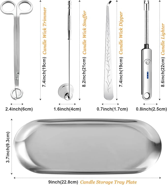 5Pcs Candle Accessory Set with Rechargeable Electric Lighter, Storage Tray, Wick Trimmer, Snuffer, Dipper - Stainless Steel Care Kit with Gift Package for Candle Lovers - Silver
