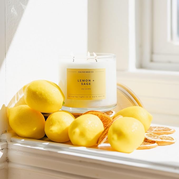 Calyan Wax Co. Lemon & Sage 3 Wick Scented Candle - 43 Hour Burn - Luxury 3 Wick Soy Candles - Soy Wax Candles - Long Lasting Large Glass Jar Candle for Home - 14.9oz