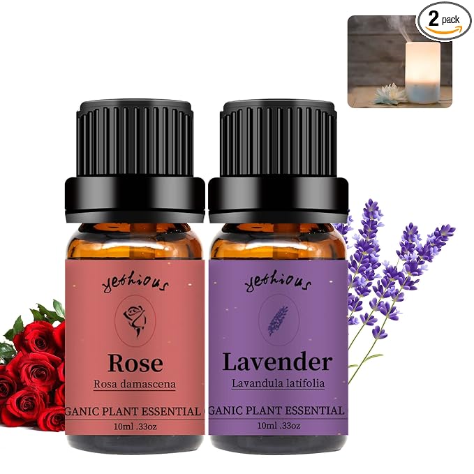yethious 2 Pack Lavender Rose Essential Oil Set 100% Pure Organic Lavender Aromatherapy Oil Rose Fragance Oil for Diffuser Essential Oil Set