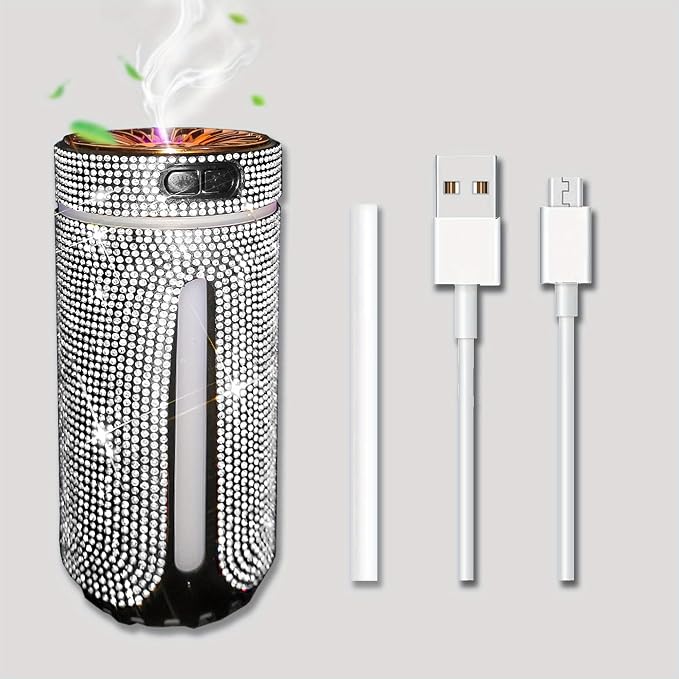 Bling Rhinestone Car Diffuser Humidifier USB Car Essential Oil Car Diffuser Humidifier Aromatherapy Portable Mini Humidifier for Car, Office, Room (White)