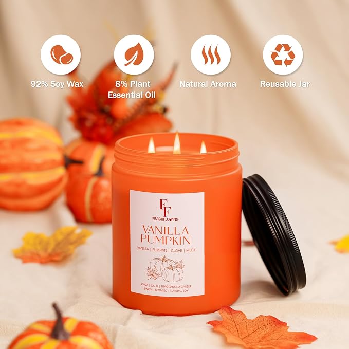 Large Fall Candle Vanilla Pumpkin Scented, 3-Wick 22oz Long Lasting | Soy Wax, Aromatherapy Candle for Home, Fall Gifts for Women Men