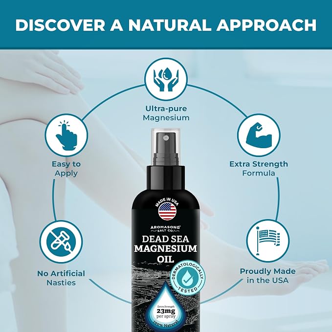 Aromasong Magnesium Spray - Extra Strength (23mg in Each Spritz) 8 Oz, Natural and Pure Magnesium Oil Spray - Made in The USA - for Leg Discomfort and Promotes a Calm Sleep