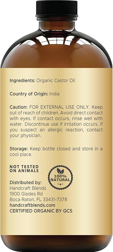 Handcraft Blends Cold-Pressed Organic Castor Oil 16 Fl Oz | Glass Bottle | 100% Pure and Natural | Premium Grade Carrier Oil | Hair, Eyelashes and Eyebrows | Hair and Body