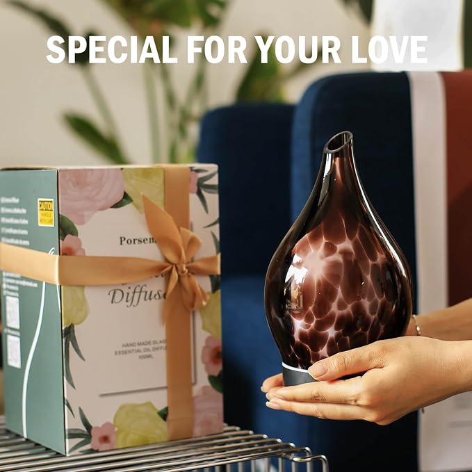Porseme 150ml Essential Oil Diffuser Hand-Blown Glass Aroma Diffusor, Aromatherapy Unltrasonic Cool Mist deffuser, 7 Color Changing, Waterless Shut-Off, Timer Function for Home Office(Lava)