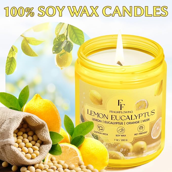 Lemon Eucalyptus Scented Candle, Natural Soy Wax Jar Candle for Home Scented, 100-Hour Burn Time Gifts for Women Men, 7 oz (2 Pack)